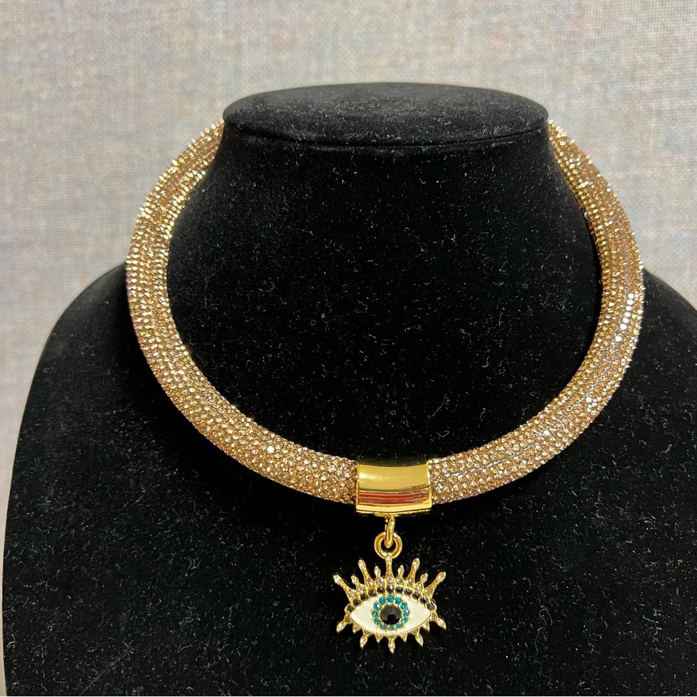 Kurt Geiger London Crystal Eye Pendant Rope Collar Necklace In Gold NEW